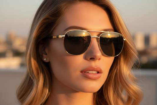 Woman in Gucci gold aviators - extreme close-up fashion