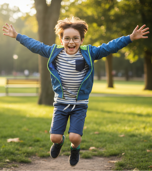 Child playing outdoors with eyeglasses