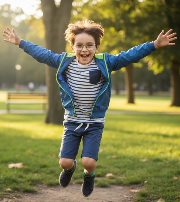 Child playing outdoors with eyeglasses