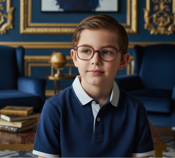 Child wearing burgundy optical frames