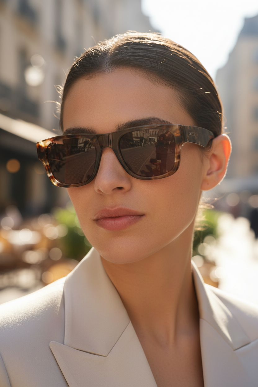 Close-up of person wearing Gucci tortoiseshell sunglasses
