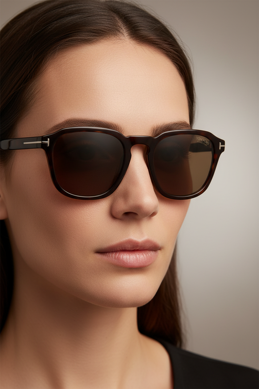 Close-up portrait of adult wearing Tom Ford Avery FT0931 52H Brown Sunglasses