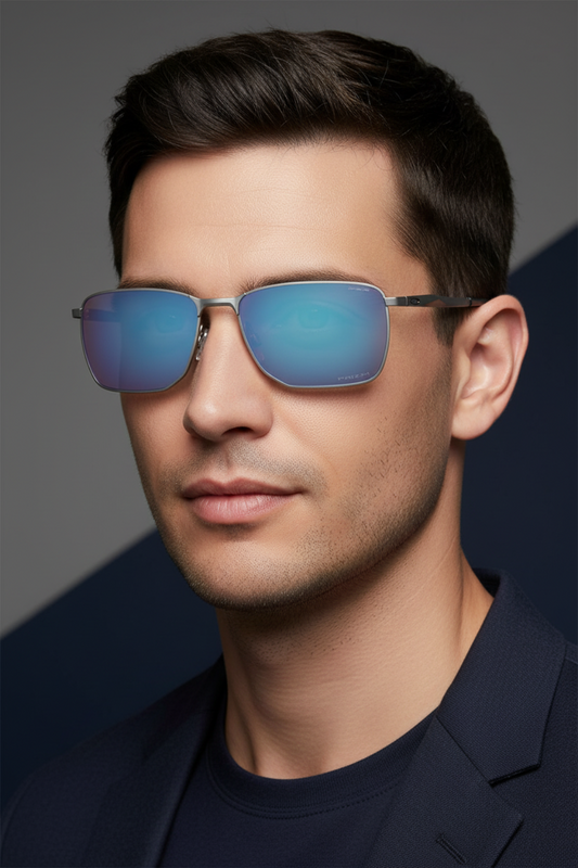 Close-up portrait of man wearing Oakley OO4142 Ejector Sunglasses