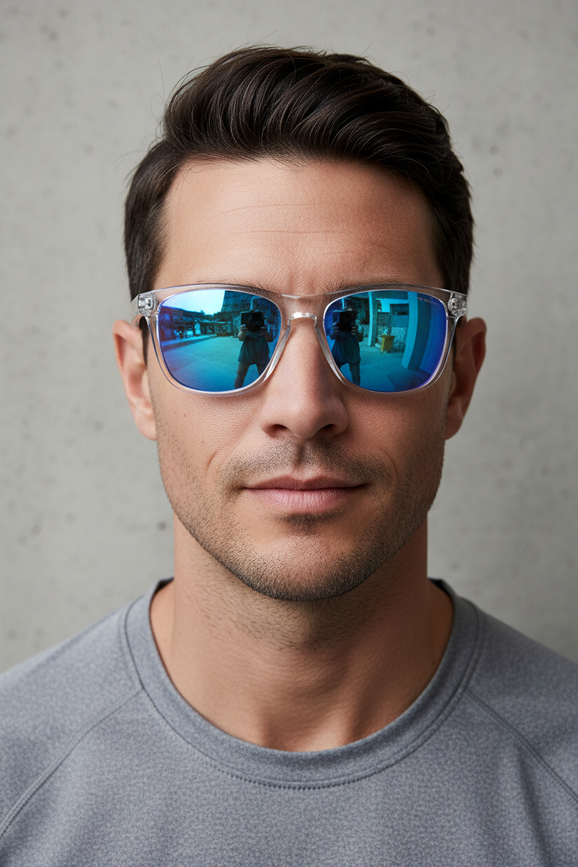 Close-up portrait of man wearing Oakley OO9013 D0 55 Sunglasses