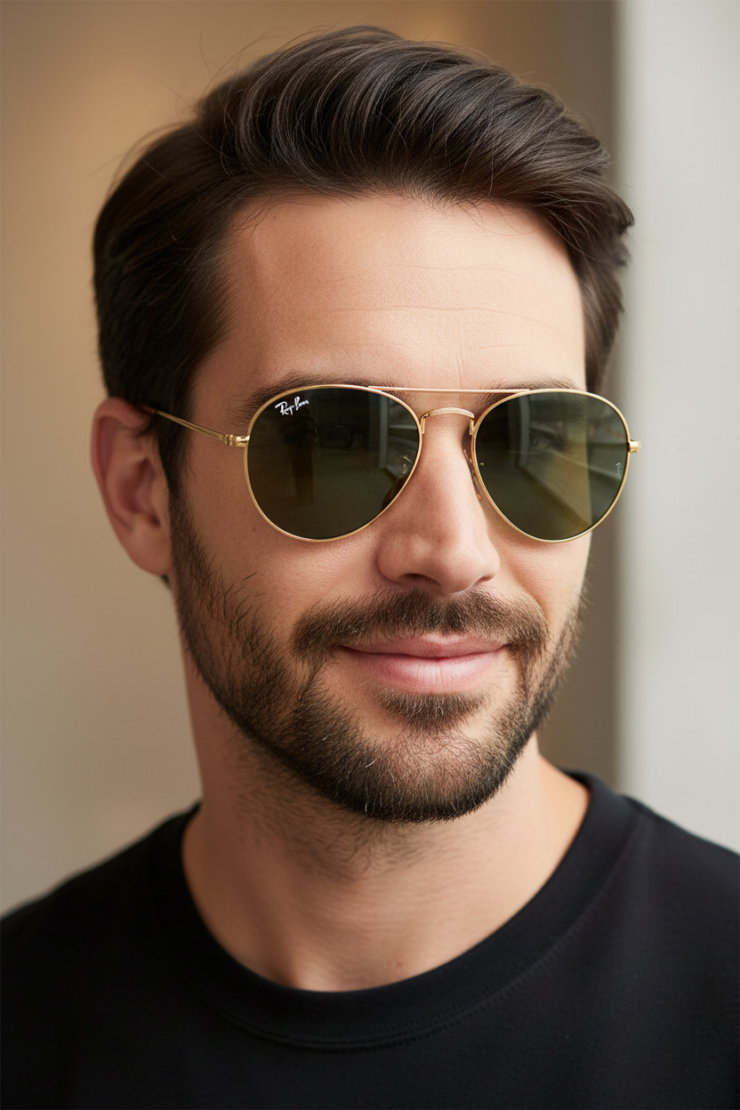 Close-up portrait of man wearing Ray-Ban Bain Bridge Aviator RB3735 Gold Frame Green Lenses