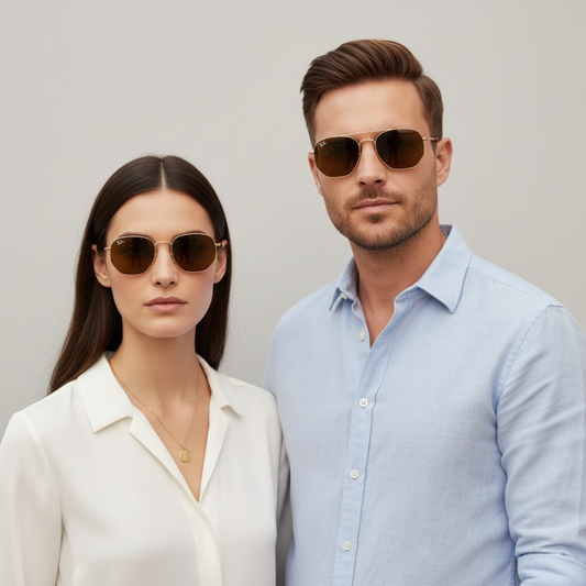 Close-up Ray-Ban RB3548N Hexagonal gold brown