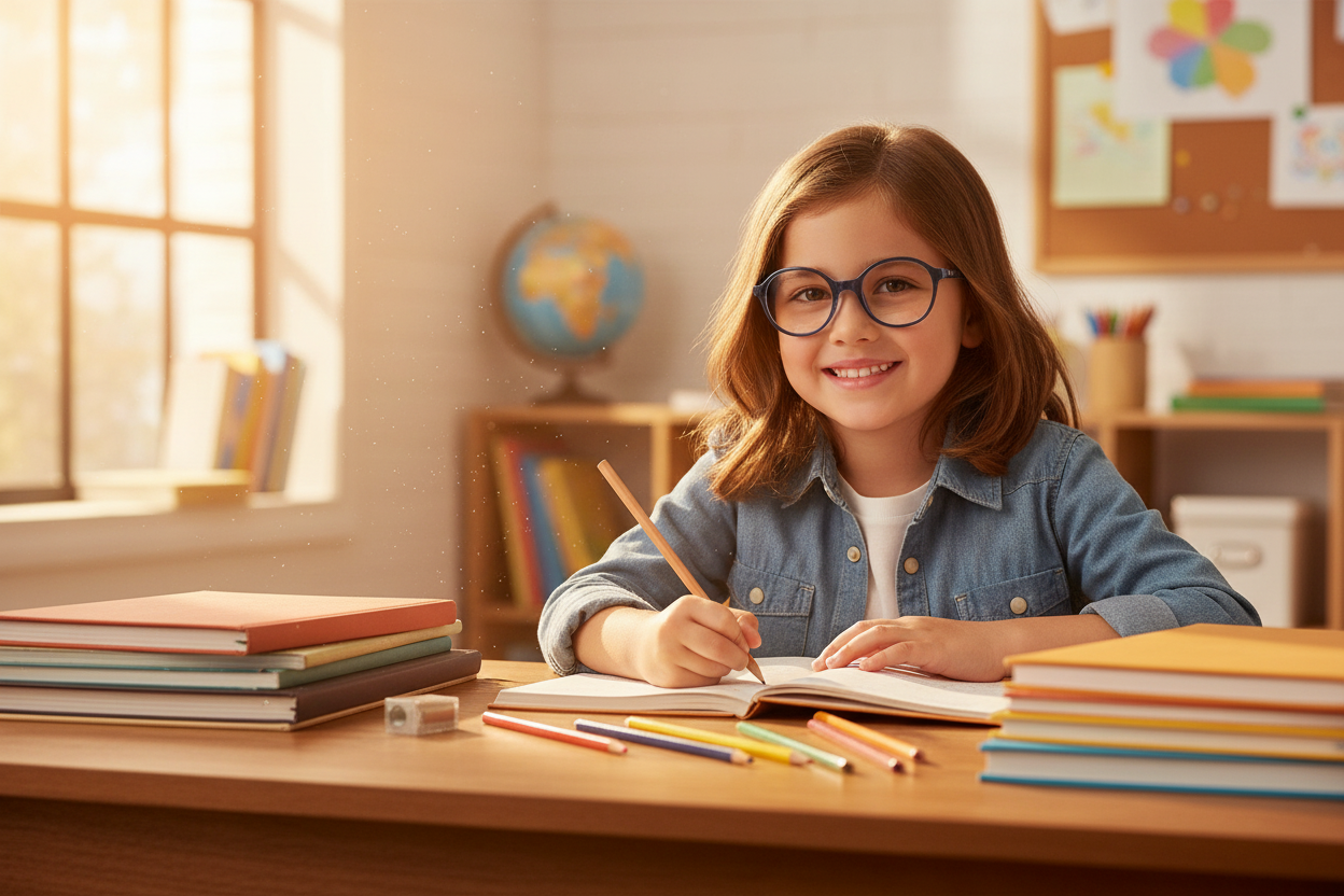 Child wearing Vogue VY2015 optical frames while studying