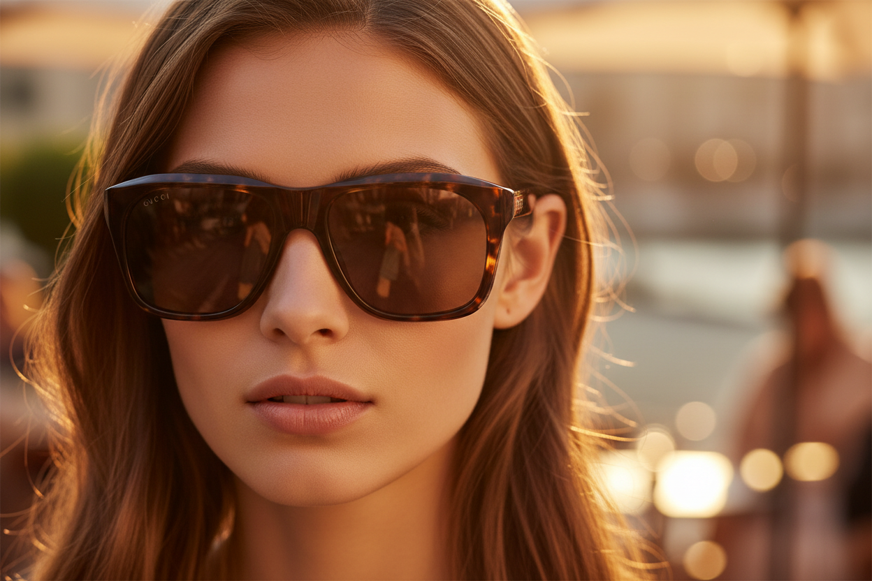 Elegant lifestyle shot - Gucci tortoiseshell sunglasses with gold logo
