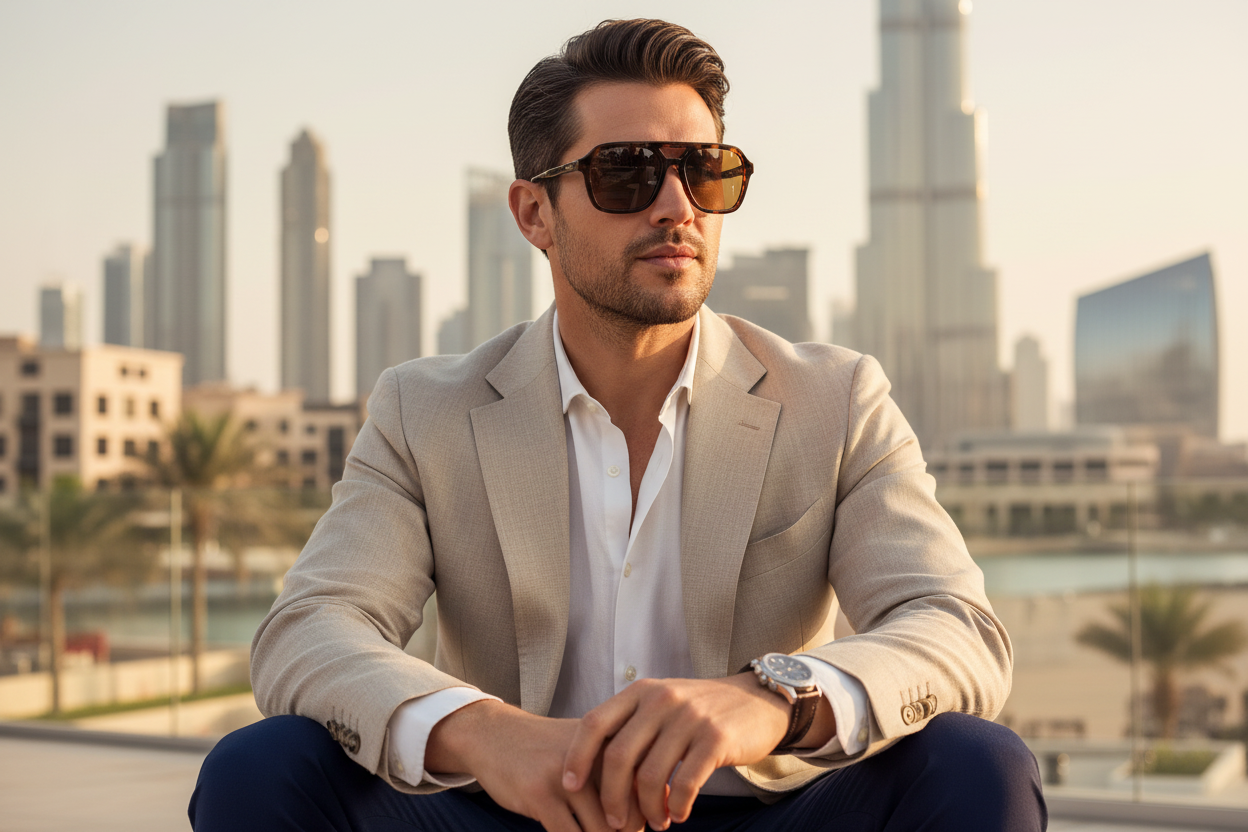 Lifestyle image of man wearing Gucci aviator sunglasses