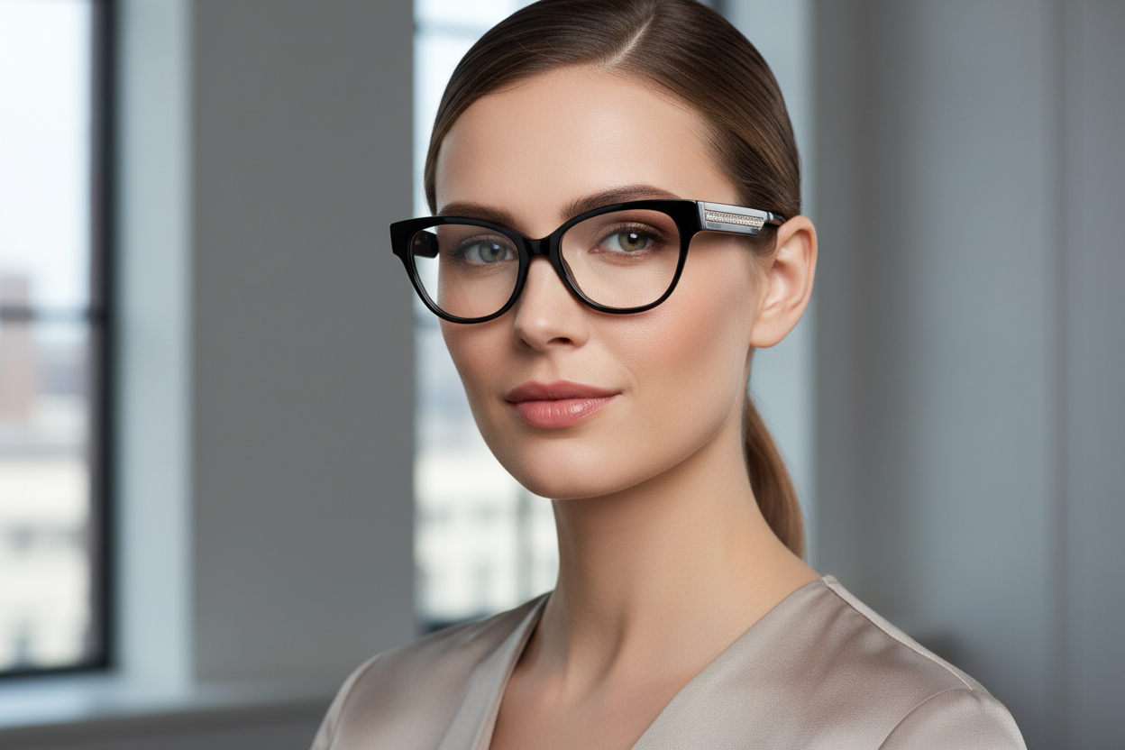 Lifestyle image of woman wearing black cat-eye optical frames