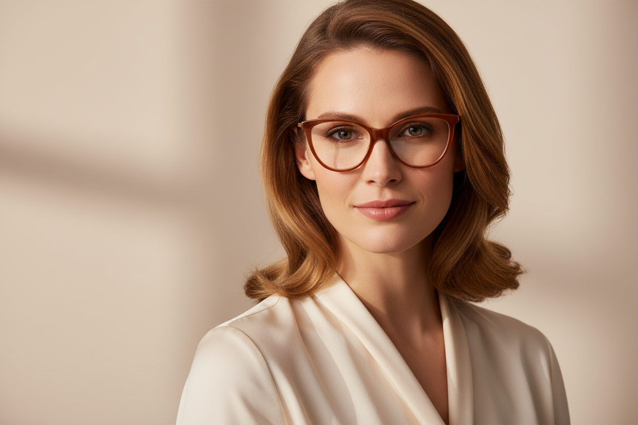 Lifestyle image of woman wearing brown cat-eye optical frames