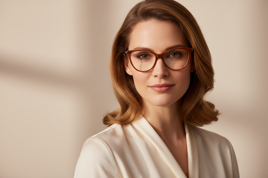 Lifestyle image of woman wearing brown cat-eye optical frames