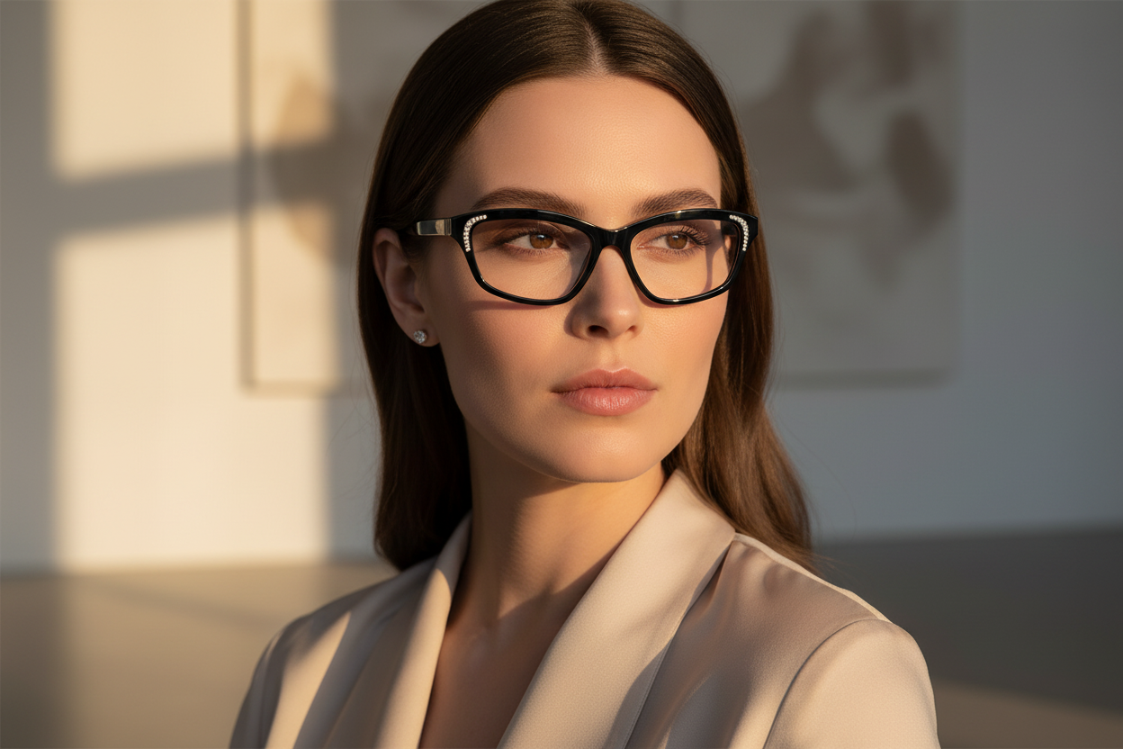 Lifestyle image of woman wearing gold rectangular optical frames