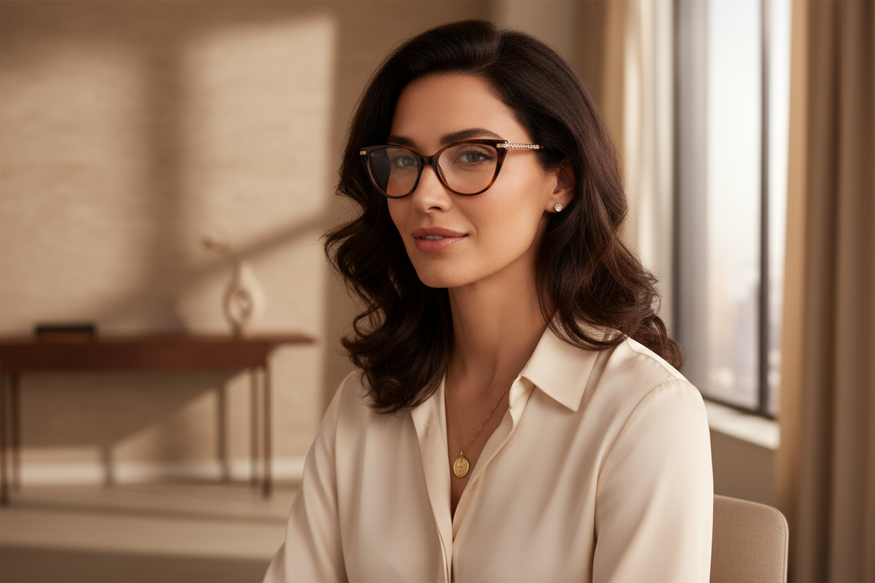 Lifestyle image of woman wearing tortoiseshell cat-eye optical frames