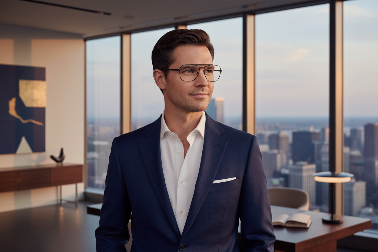 Premium lifestyle image - black aviator optical frames in modern office