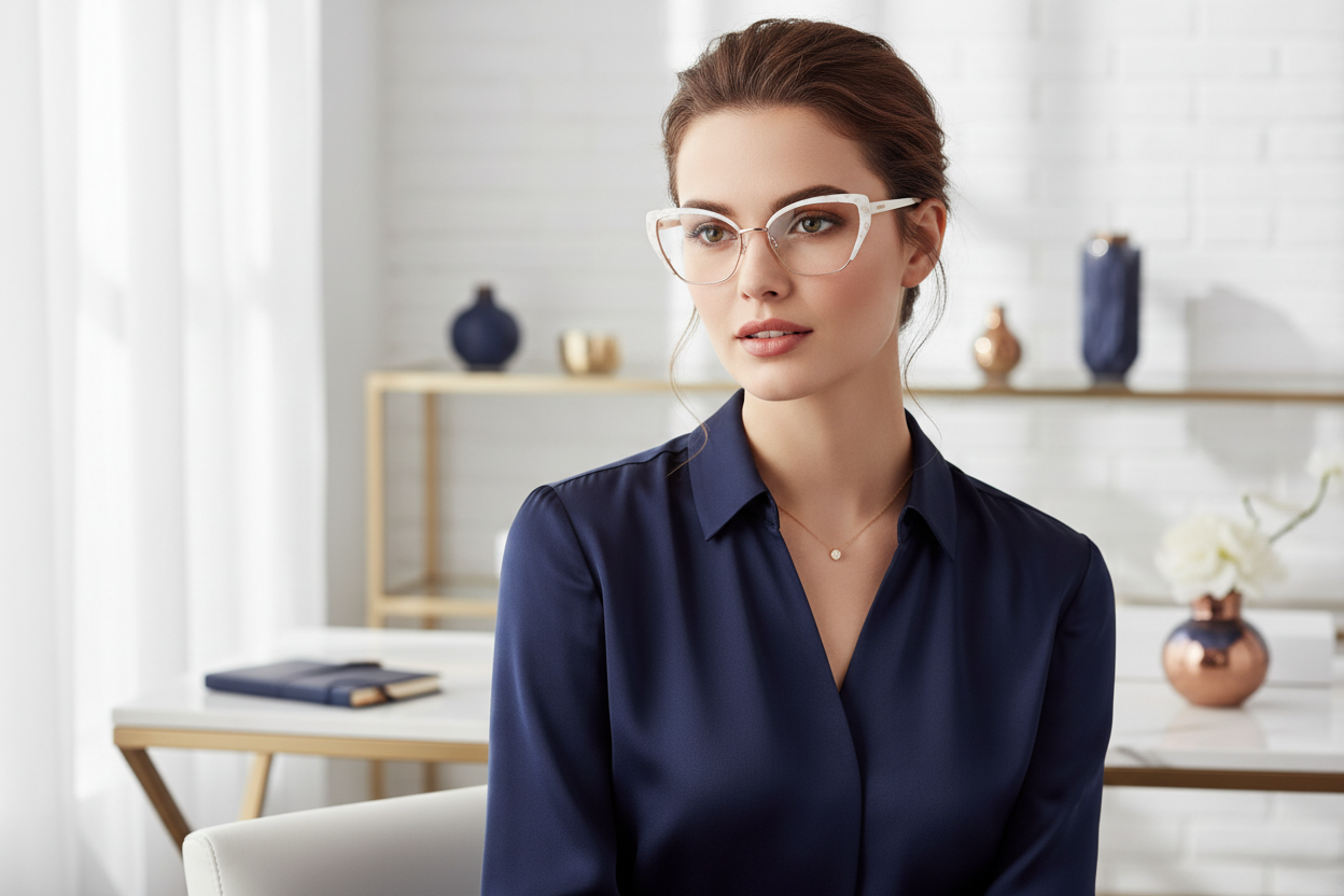 Premium lifestyle image for white and gold cat-eye optical frames