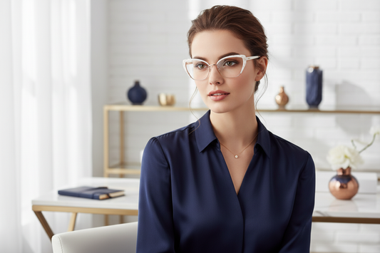 Premium lifestyle image for white and gold cat-eye optical frames