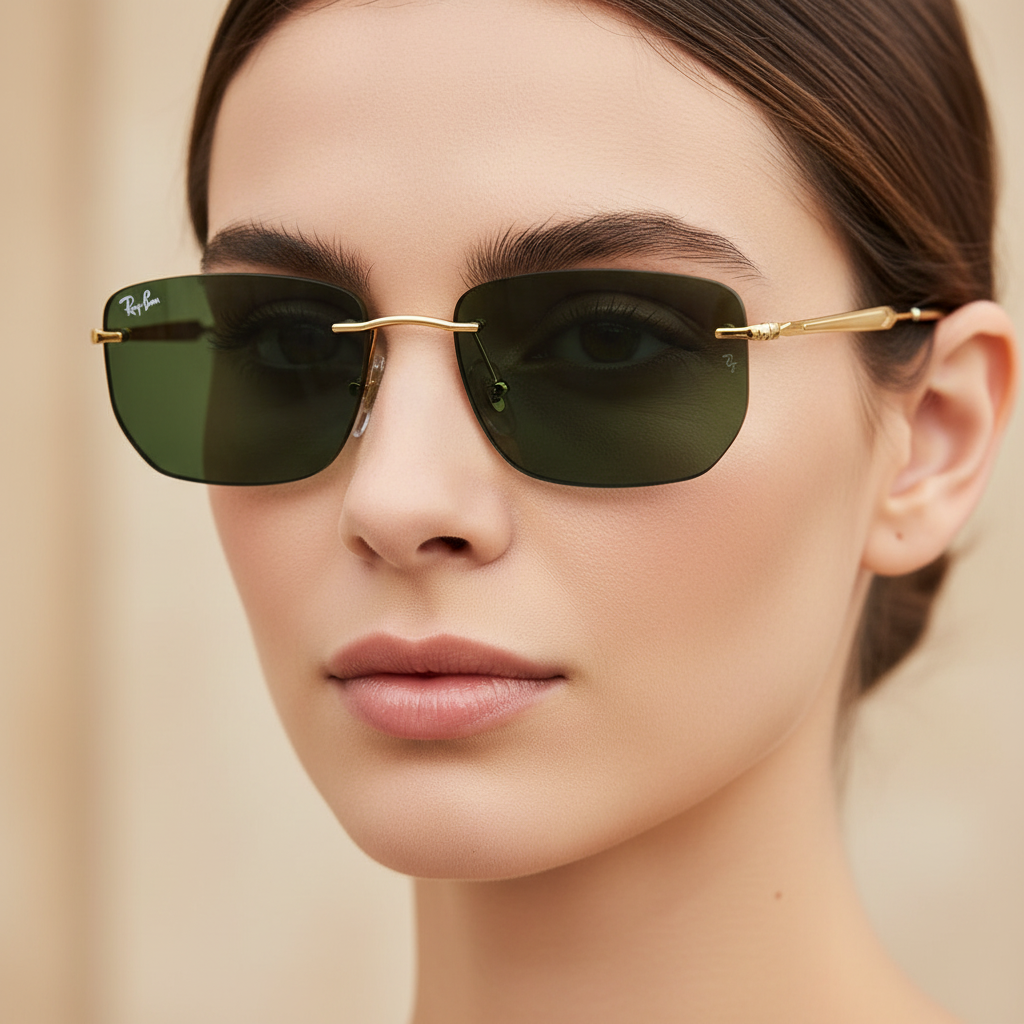 Woman close-up Ray-Ban RB3768 rimless gold green