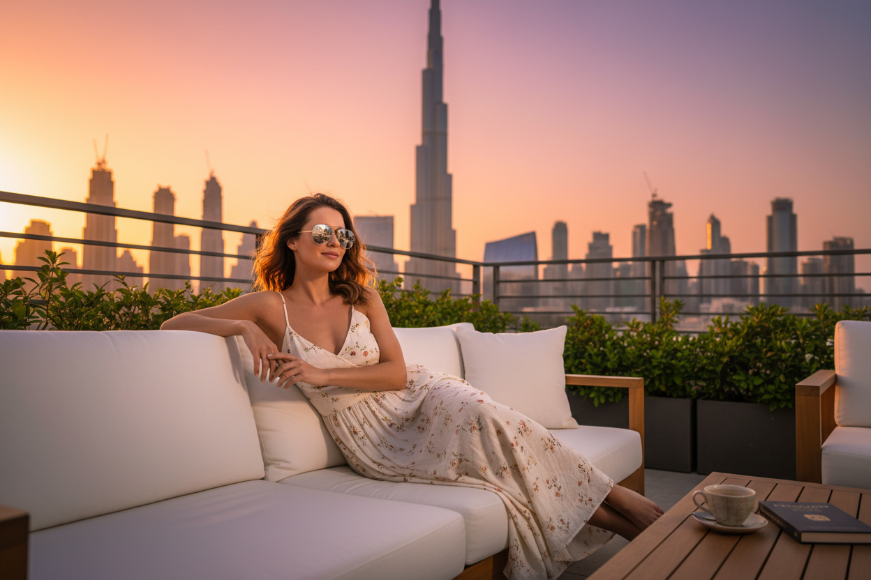 Woman in summer dress with aviators on terrace